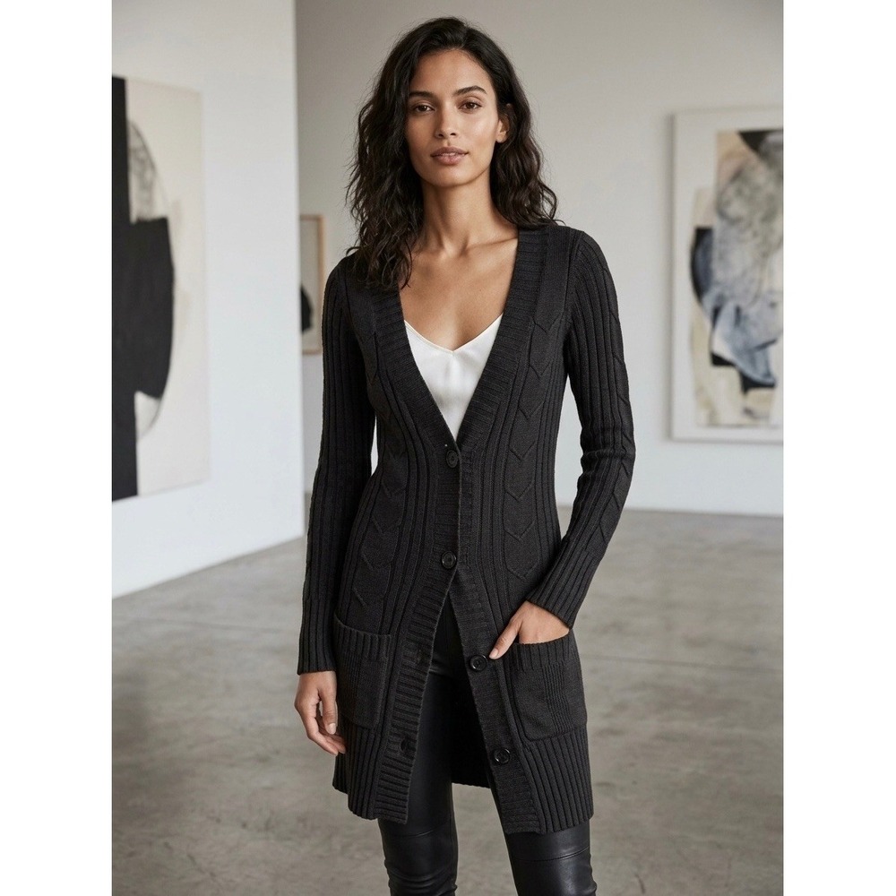 James Perse Charcoal Grey Cotton Linen Ribbed Cable Knit Long Cardigan Sweater 1
